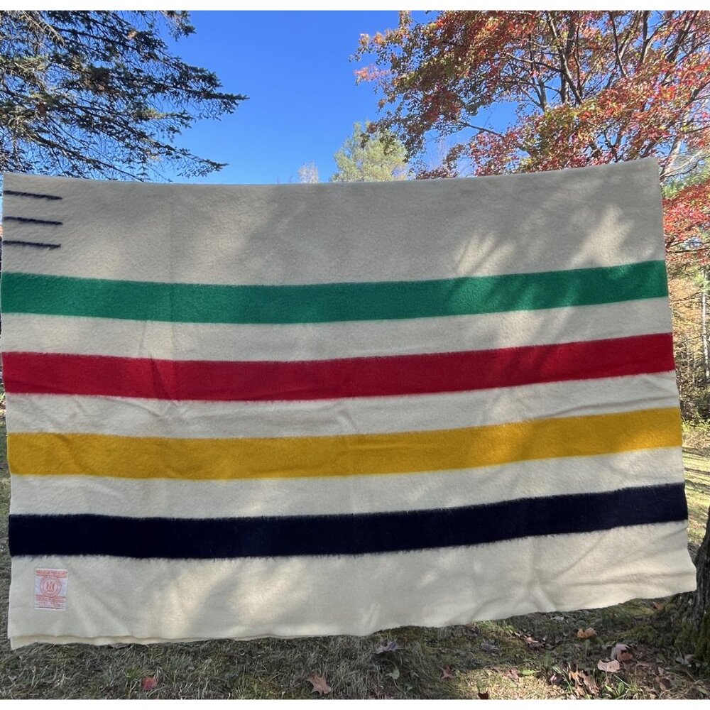 Vintage Hudson's Bay Wool Blanket 3.5 Point Striped Twin Orange Tag Label HBC